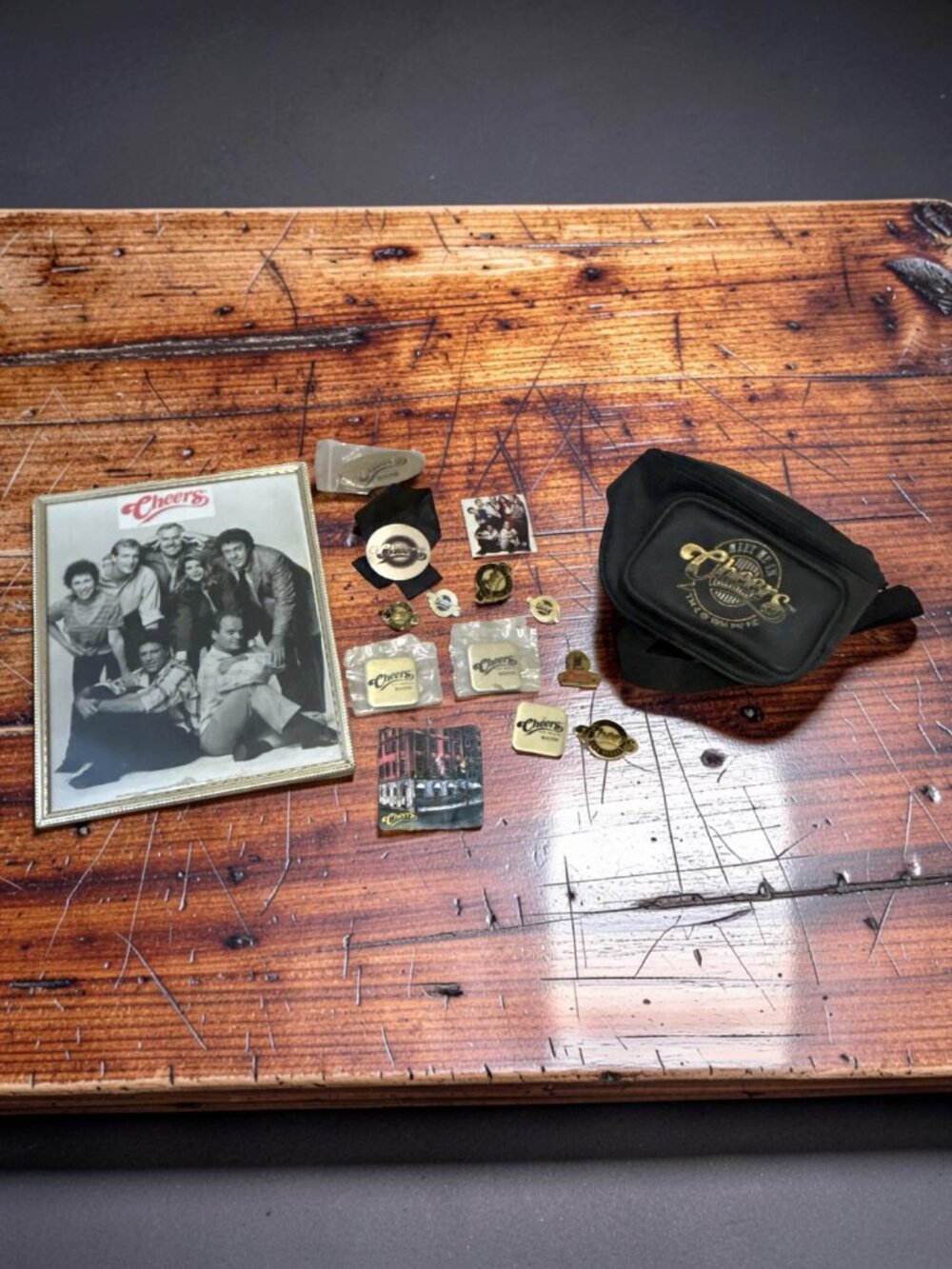 Vintage Cheers TV Show Memorabilia Lot 1994 Fanny Pack Lapel Pins Framed Photo